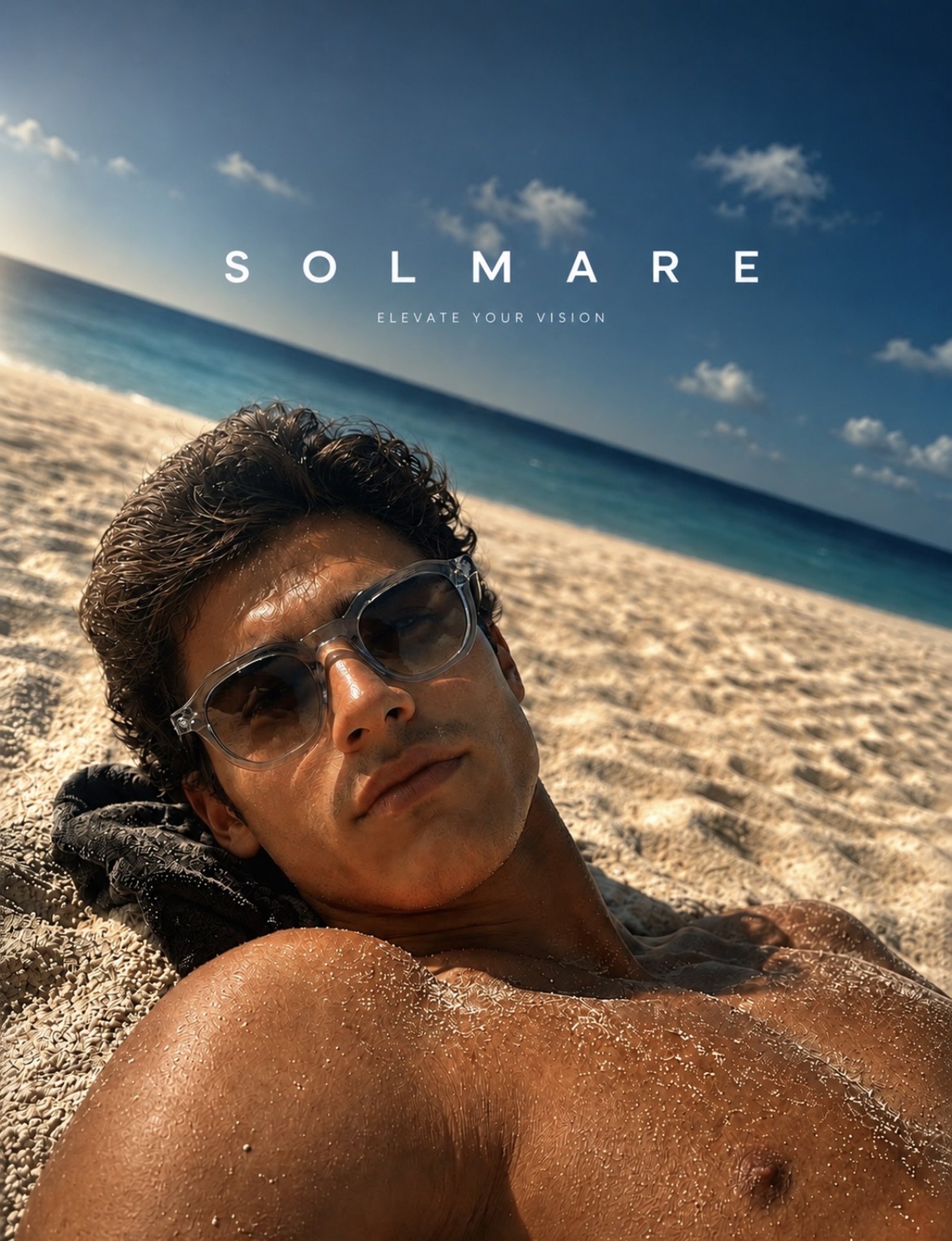 Campaña Solmare: hombre recostado en la arena junto al mar, con lentes de sol mod.01 en acetato cristal